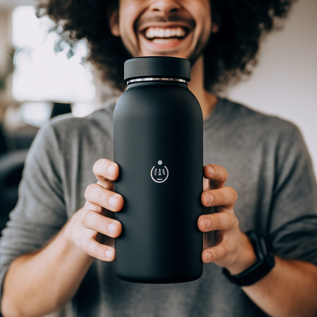 Person holding a branded water bottle with a smile